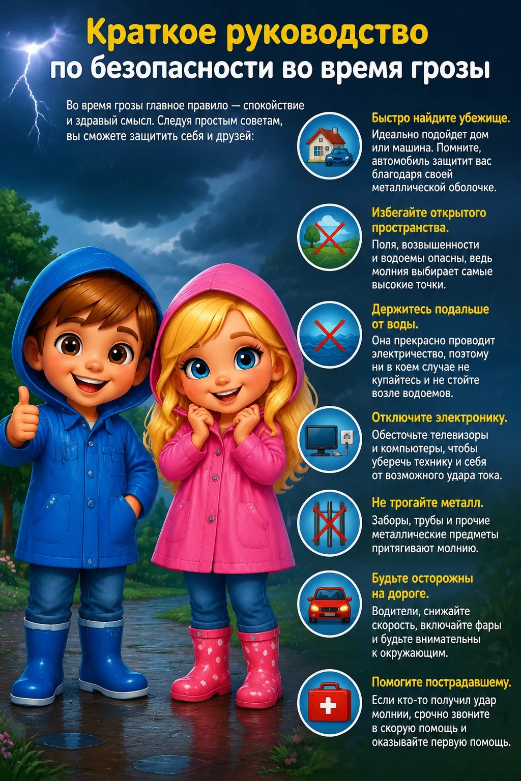 Безопасность превыше всего! 🌧️⚡ Ознакомьтесь с нашими простыми правилами поведения во время грозы. 