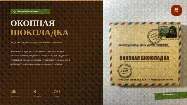 ОКОПНАЯ ШОКОЛАДКА - «не_просто_шоколад» для наших воинов
 
Уникальный продукт — шоколад с энергетиче