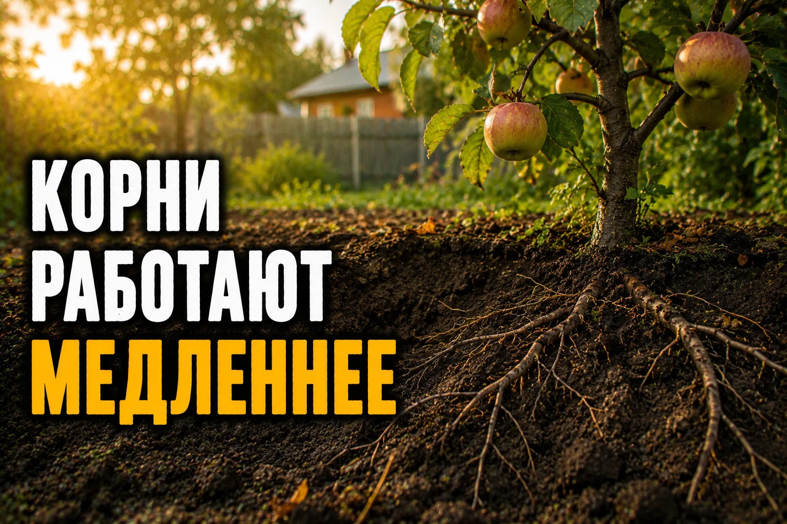 Корни работают медленнее

Сверху всё выглядит как обычно.

Листья зелёные.

Плоды ещё висят.

Но под