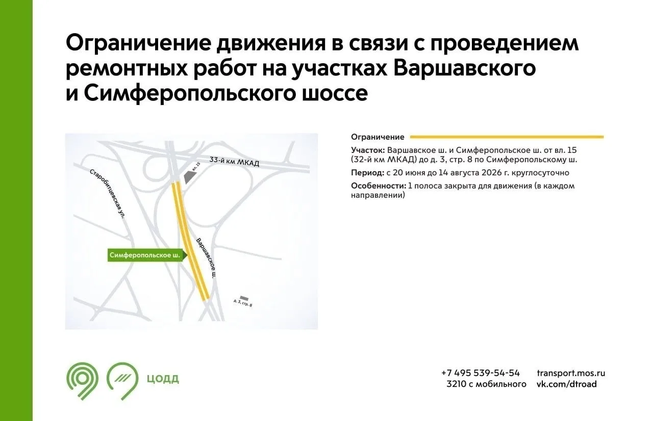 😬 С 20 июня до 14 августа на участках Варшавского и Симферопольского шоссе будет недоступна для дви