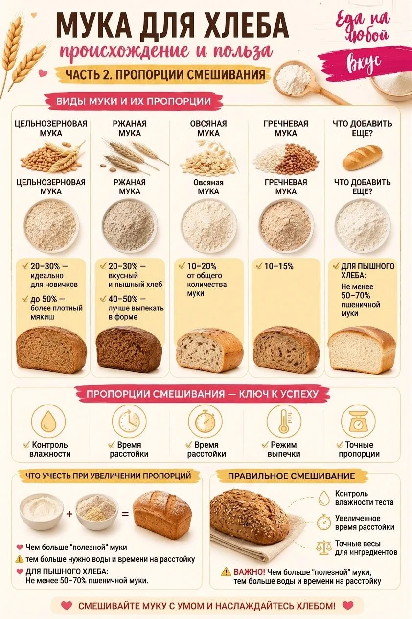🥖 ШПАРГАЛКА ПО МУКЕ ДЛЯ ХЛЕБА.
ЧАСТЬ 2: ИСКУССТВО СМЕШИВАНИЯ
Многие хотят сделать домашний хлеб пол