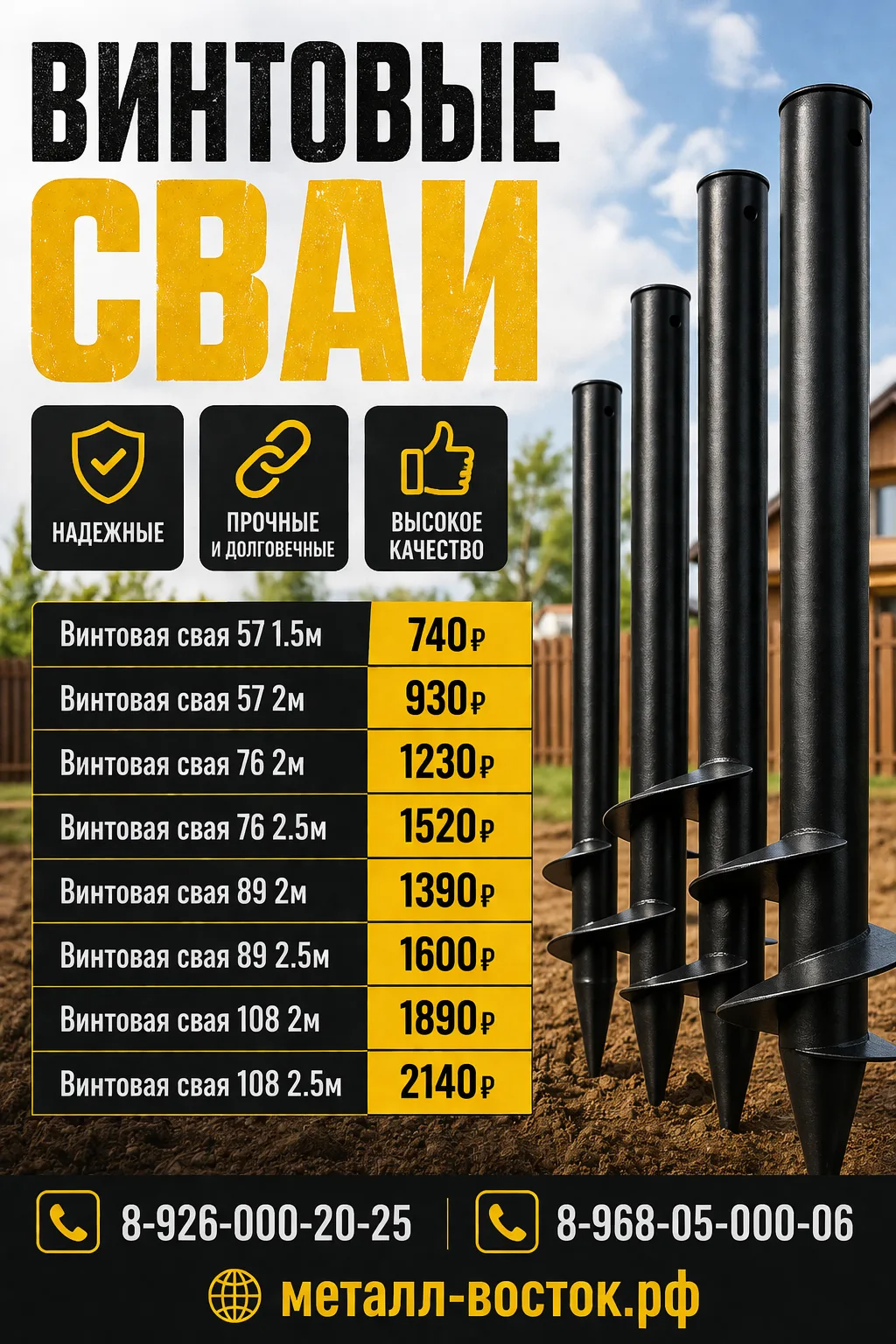 ВИНТОВЫЕ СВАИ!
Отличные цены напрямую со склада!
В наличии популярные размеры

✔ Под фундамент
✔ Под