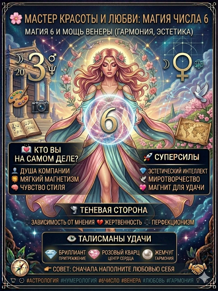 🌸 Мастер Красоты и Любви: Магия числа 6

Если вы родились 6-го числа, вы находитесь под покровитель