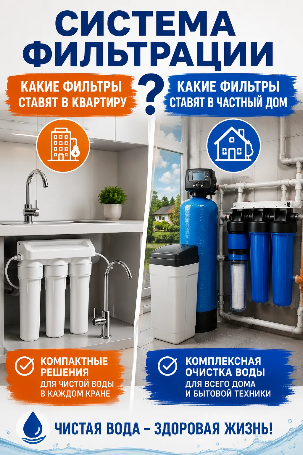 💧 Какие фильтры подходят для квартиры, а какие для частного дома?

Хотя цель одна — получить чистую