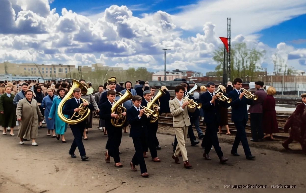 ПО ГЛАВНОЙ УЛИЦЕ С ОРКЕСТРОМ 
Демонстрация орчан 
г.Орск, 50-е годы 
Олег Объедков - ИИ-цветообработ