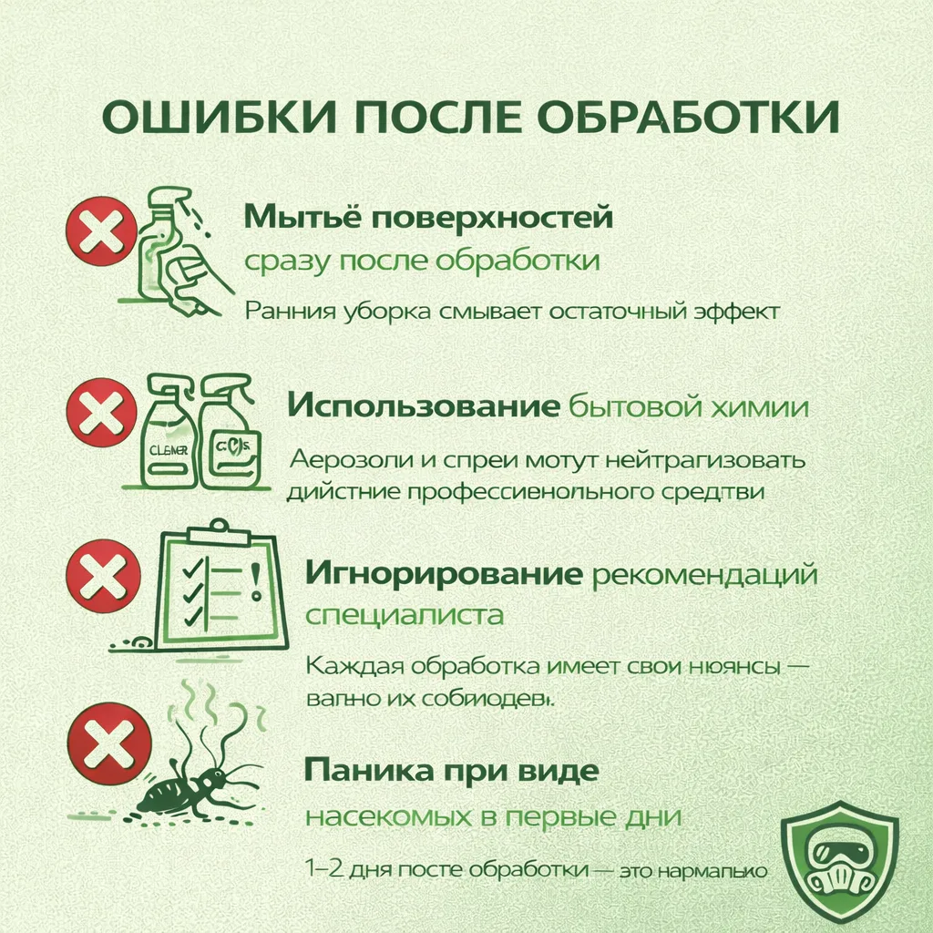 ⚠️ ОШИБКИ ПОСЛЕ ОБРАБОТКИ, КОТОРЫЕ СНИЖАЮТ ЭФФЕКТ
Даже профессиональная дезинсекция может дать слабы