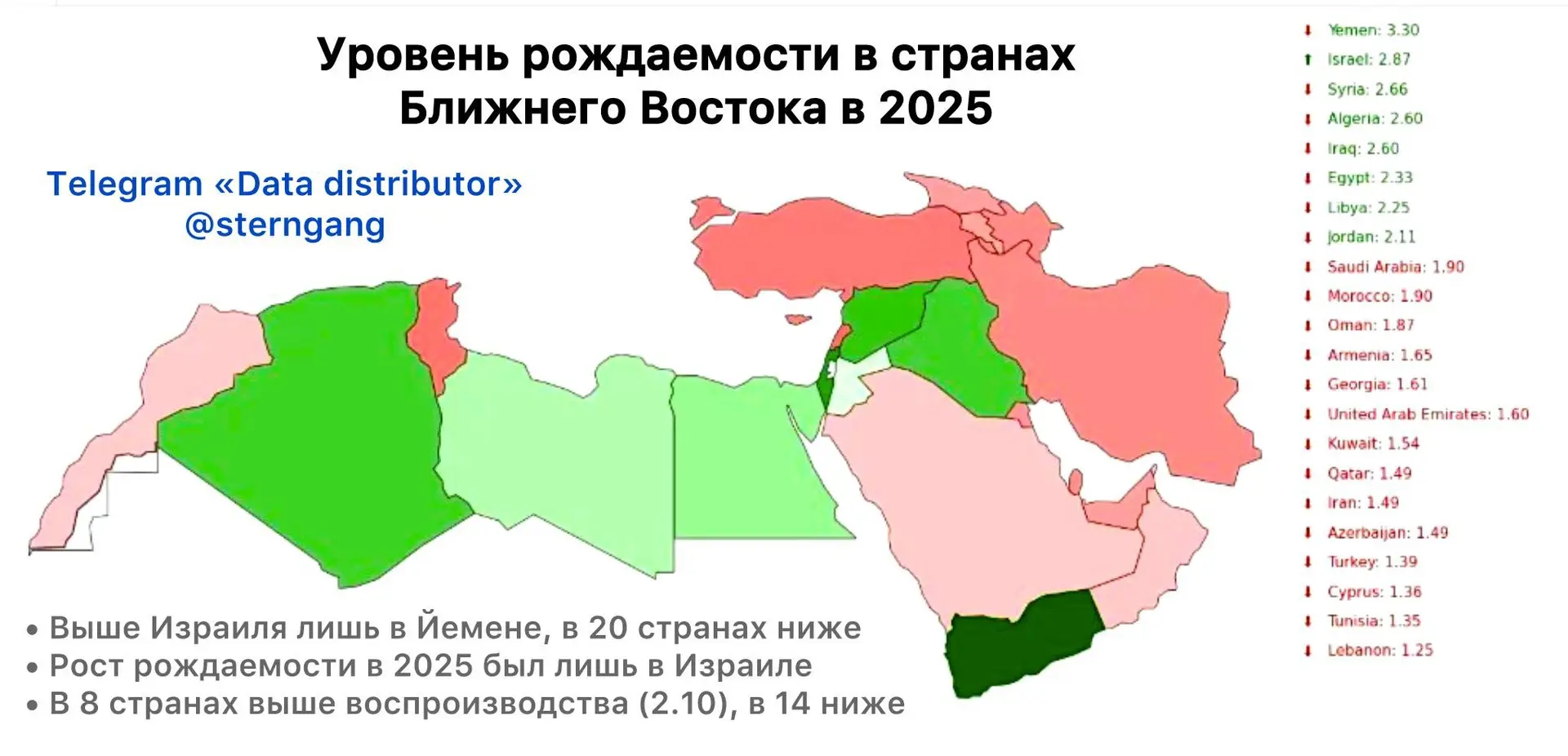 На Ближнем Востоке рождаемость выше, чем в Израиле, лишь у Йемена — в 2025 году СКР во всём регионе 