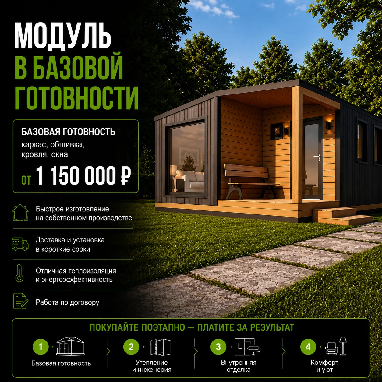 МОДУЛЬНЫЙ ДОМ В БАЗОВОЙ ГОТОВНОСТИ — 1 150 000 ₽
Хотите свой дом, но не готовы сразу вкладывать неск