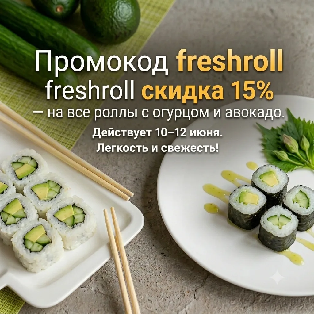 Промокод freshroll – скидка 15% на все роллы с огурцом и авокадо.

 Действует 10–12 июня. 

Легкость