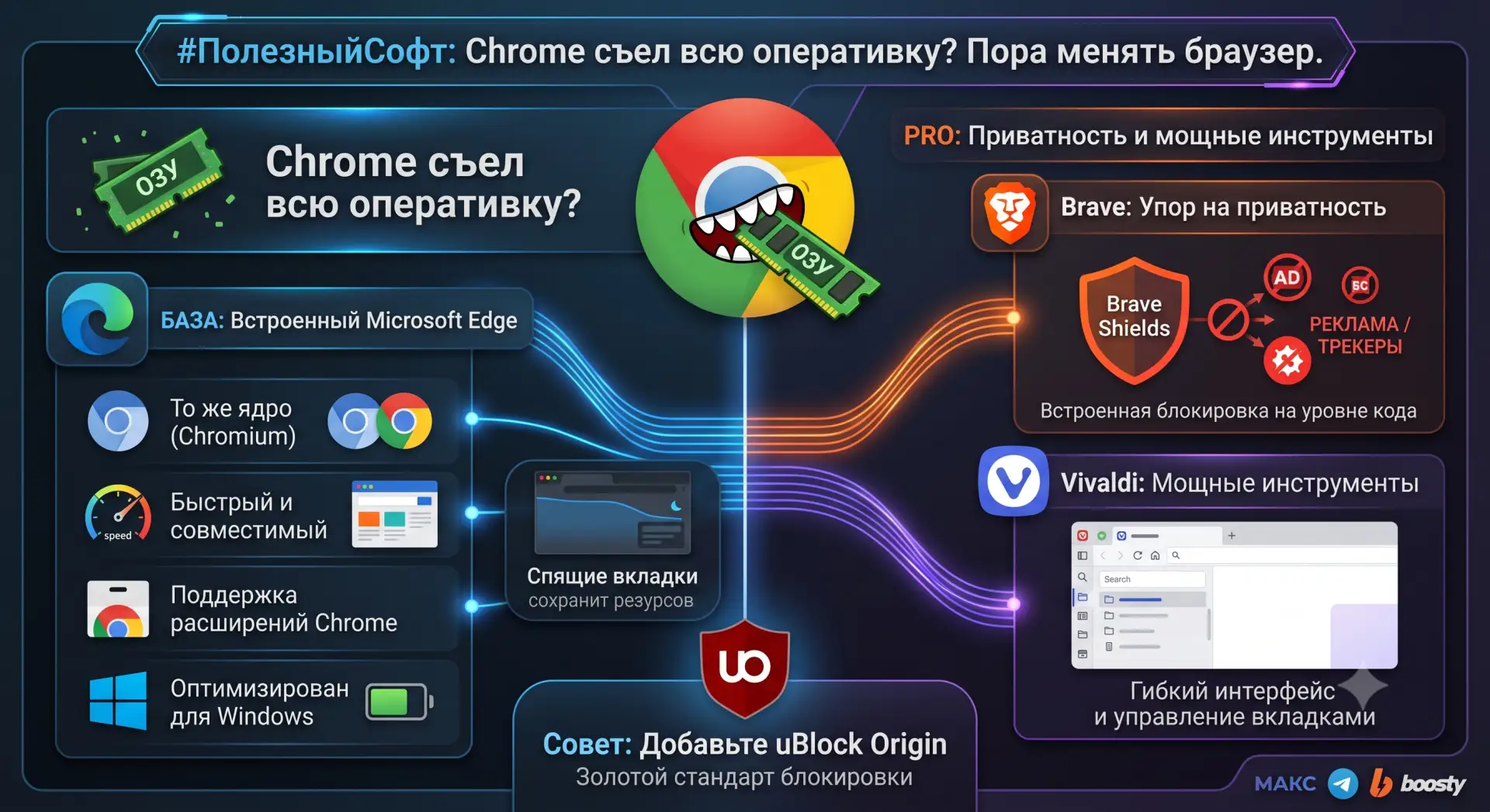 🖥️ #ПолезныйСофт: Chrome съел всю оперативку? Пора менять браузер.

Google Chrome — бесспорный коро