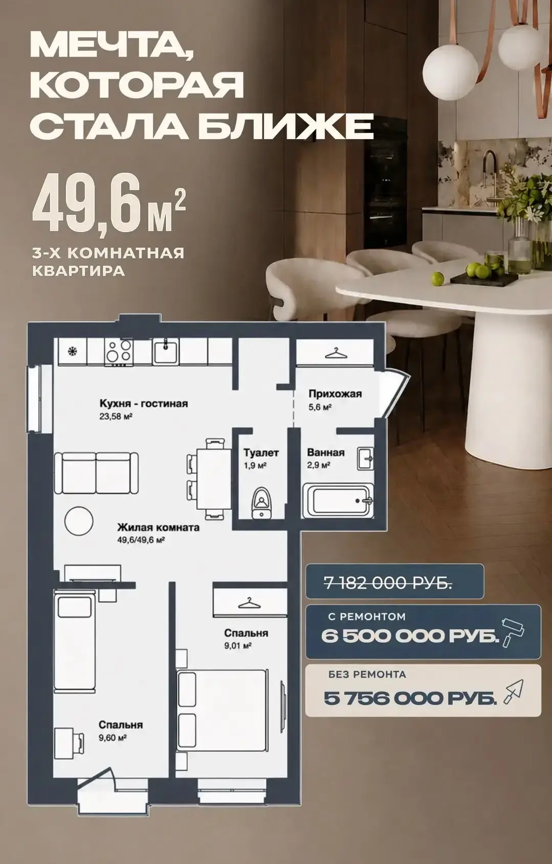 Есть 500000 и все....? я знаю куда можно потратить))

3-комнатная квартира 49,6 м²:
• большая кухня-