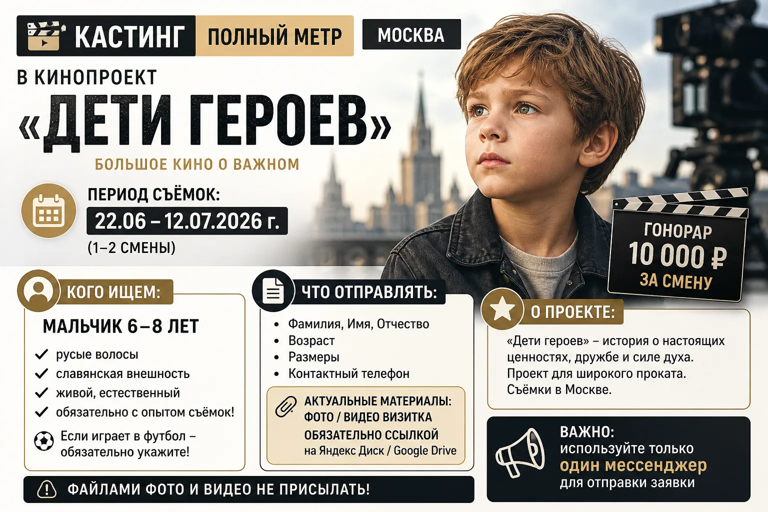 🎬 МОСКВА | ПОЛНЫЙ МЕТР
Это тот случай, когда детский кастинг — не массовка, а реальный шанс попасть