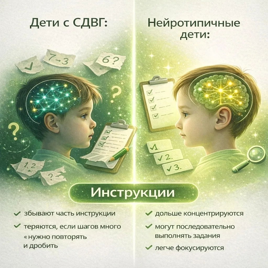 📌 СДВГ или нет? Эти пять карточек показывают разницу: инструкции, эмоции, движение, внимание, ожида
