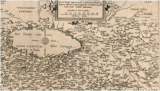 Фрагмент карты 1578 г.

На всех картах ранее 1700 года Каспийское море имеет совсем другую форму. Ар