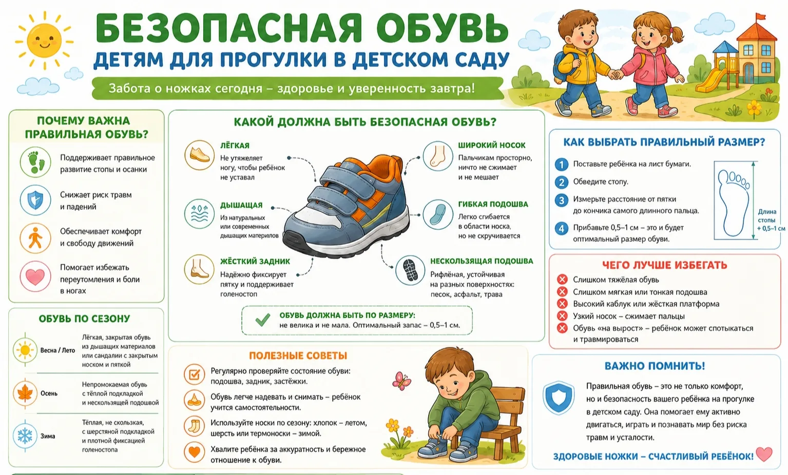 Уважаемые родители!

Обратите, пожалуйста, внимание на обувь ребёнка для прогулки в детском саду.

В