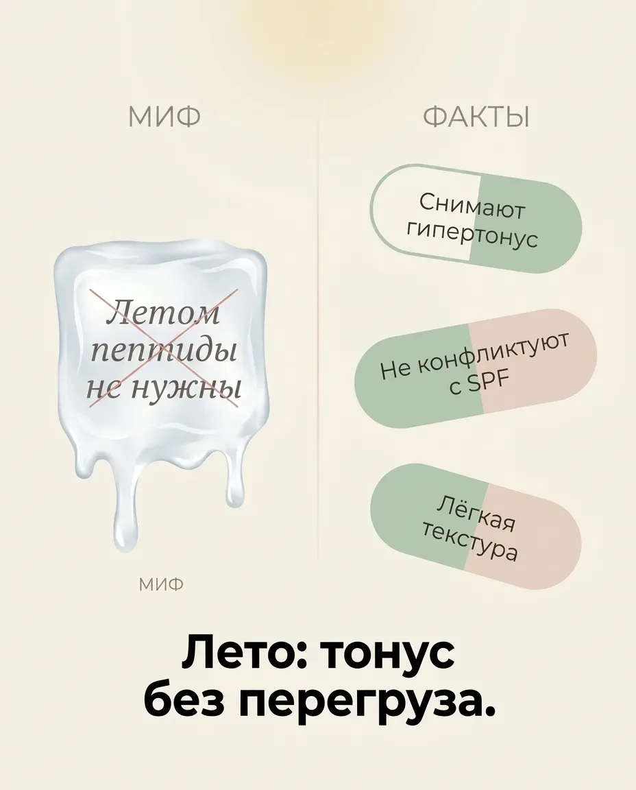 Привет, дорогая! 💚

Слышала этот миф не раз:
«Летом кожа потеет, ей тяжело. Пептиды оставим на осен