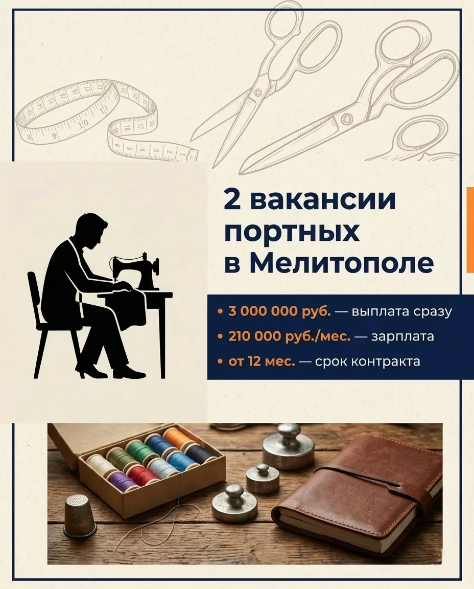 🔥 ТРЕБУЮТСЯ ПРОФЕССИОНАЛЬНЫЕ ПОРТНЫЕ В МЕЛИТОПОЛЕ! 🔥

Срочно заполняем 2 вакансии — не упусти свой