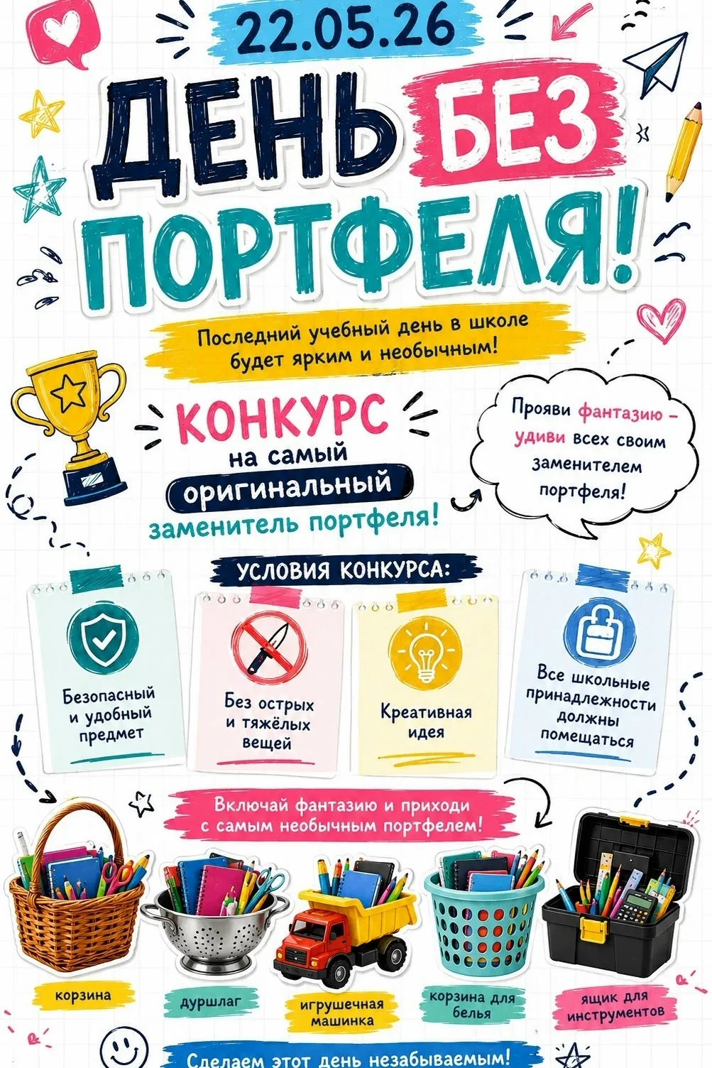 🔥22.05.26 — День без портфеля! 🔥

Завтра в нашей школе пройдёт один из самых весёлых дней учебного