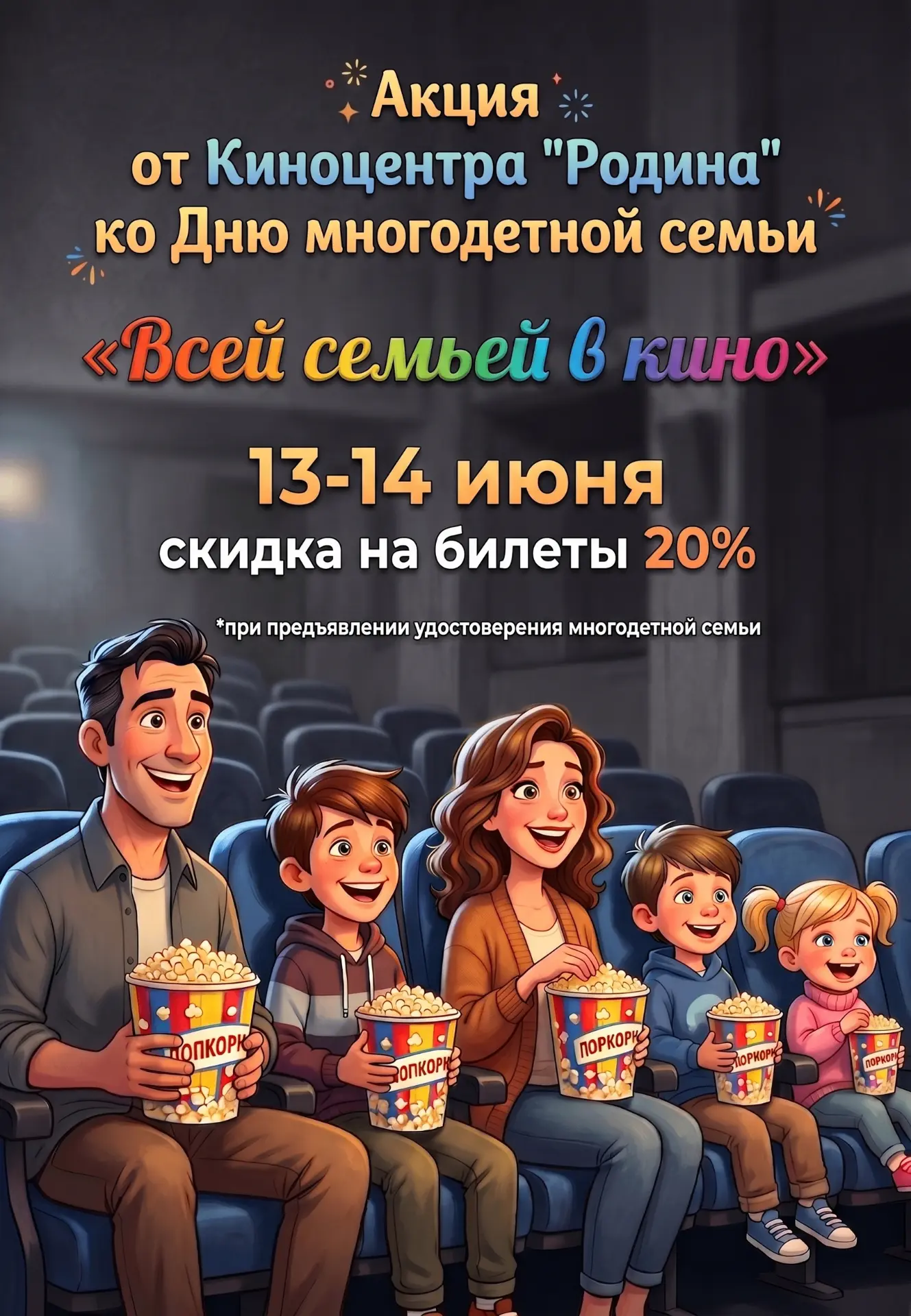В кино — всей семьёй! 🍿👨‍👩‍👧‍👦 
Скидка 20% для многодетных семей в «Родине»!

Киноцентр «Родина