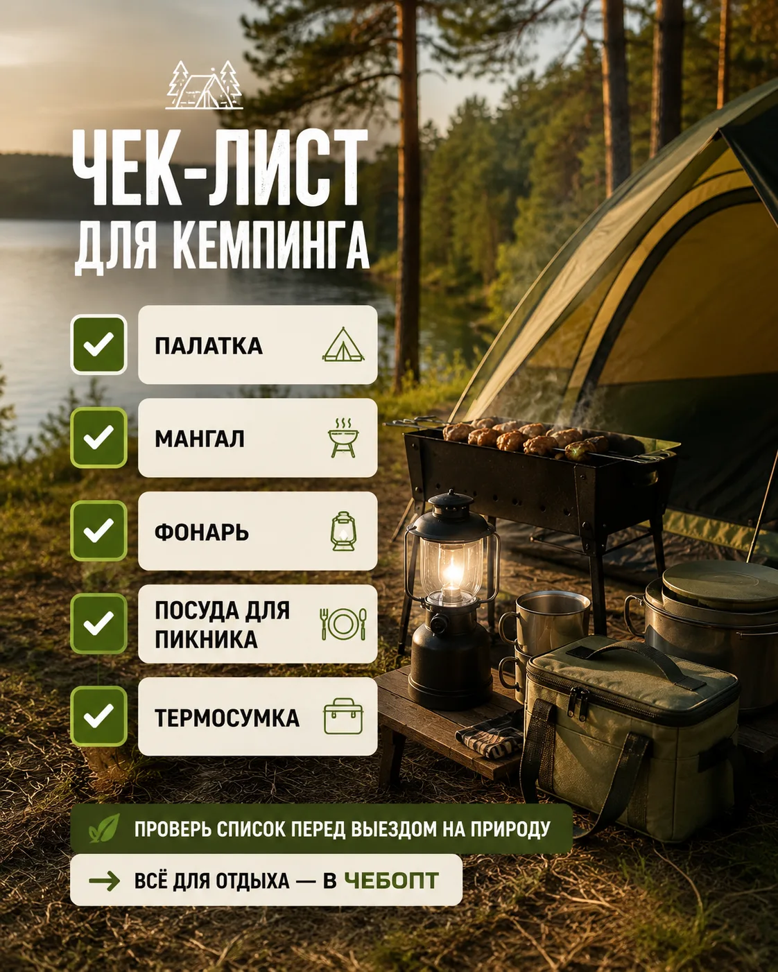 🏕 Собираемся на природу: чек-лист для кемпинга

Чтобы отдых на природе прошёл комфортно, лучше подг