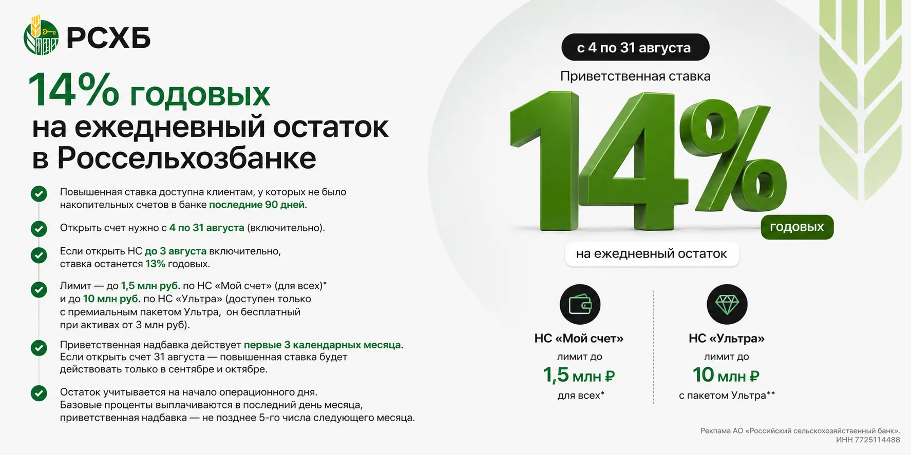 14% годовых на ежедневный остаток в Россельхозбанке

Россельхозбанк с 4 августа повышает приветствен