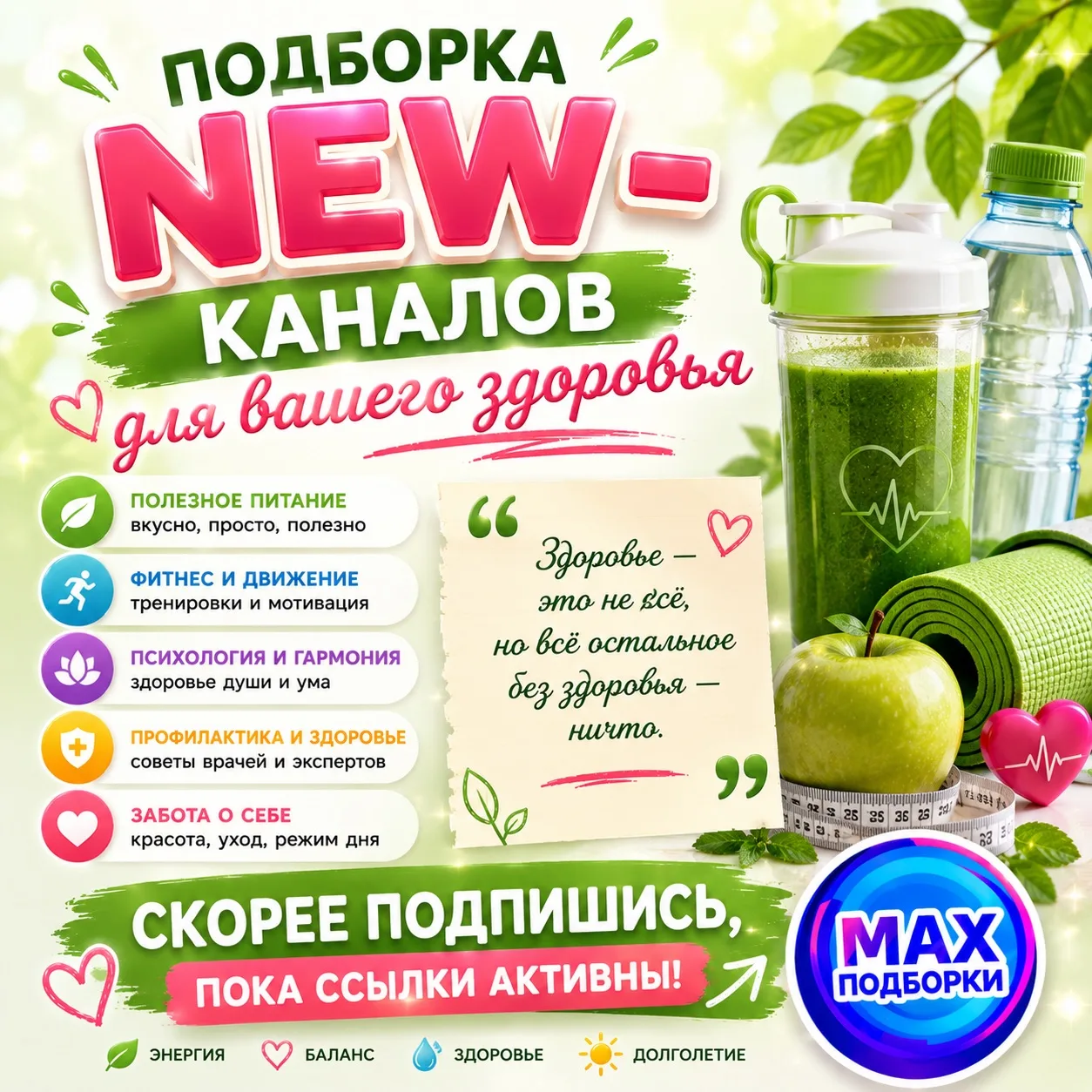 🌿 Ваше здоровье — самая ценная инвестиция в счастливую и активную жизнь! 

Мы собрали лучшие каналы