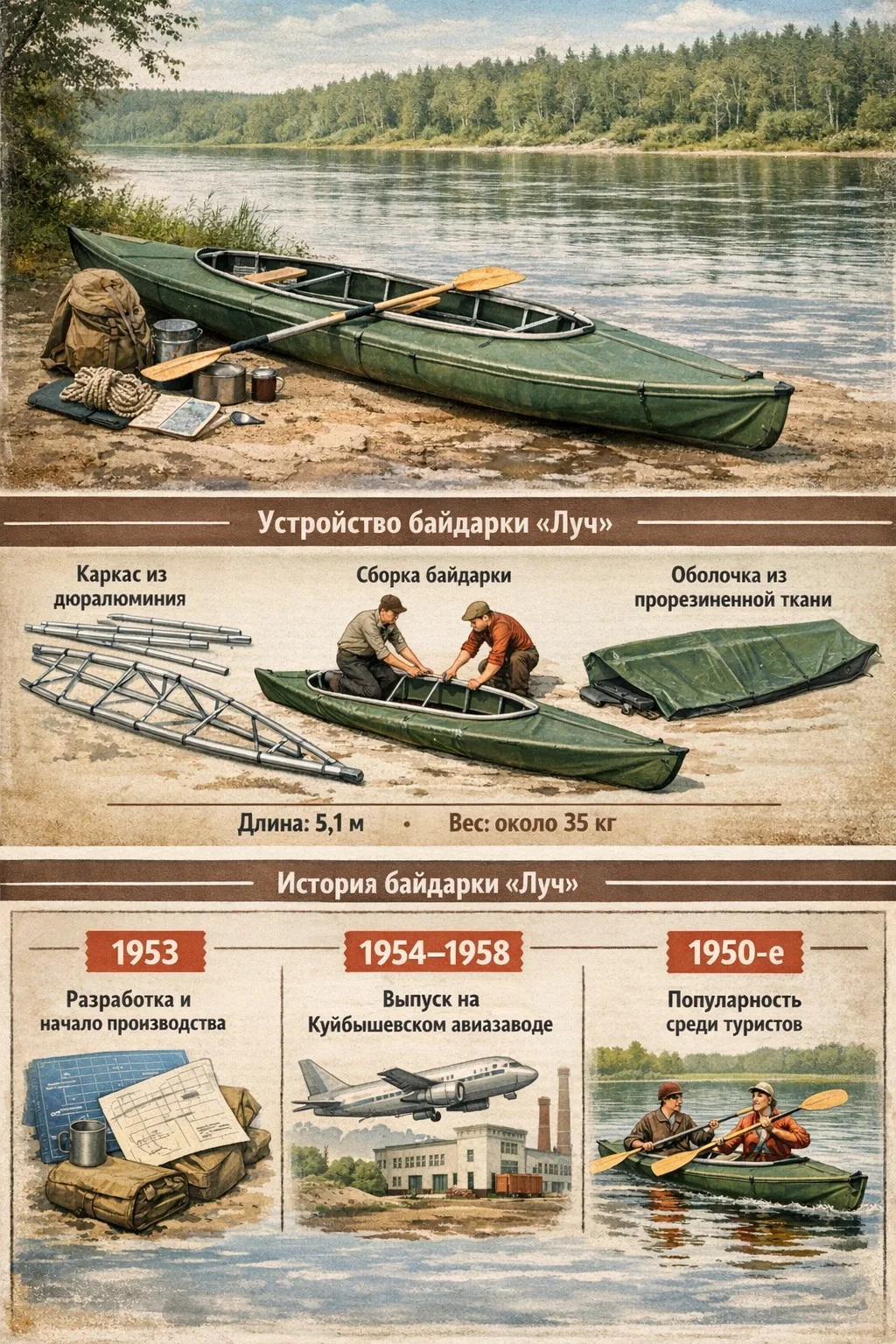 🎒 ЗАБЫТАЯ ЛЕГЕНДА СОВЕТСКИХ ВОДНЫХ ПОХОДОВ
Первая серийная байдарка СССР — «Луч»

Когда в 1953 году