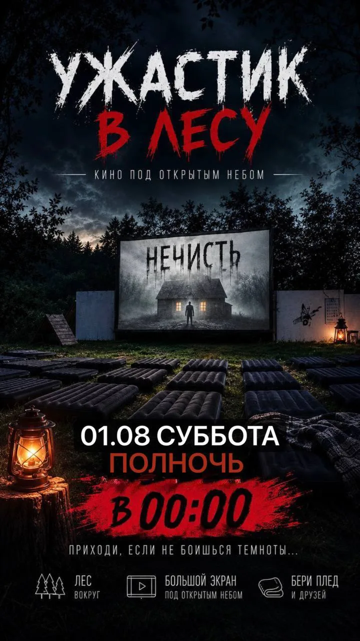 👁 Сегодня покажут Ужастик в лесу ☠️  

В эту полночь кинотеатр на Кумыске превращает уютную поляну 