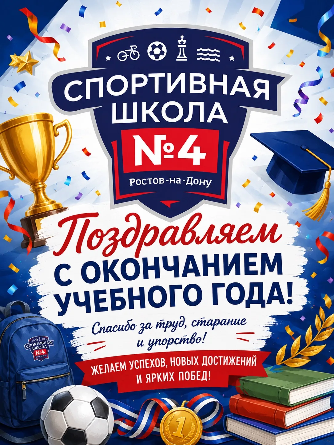 Дорогие наши ученики! 🎓✨

Спортивная школа №4 поздравляет вас с окончанием школьного учебного года!
