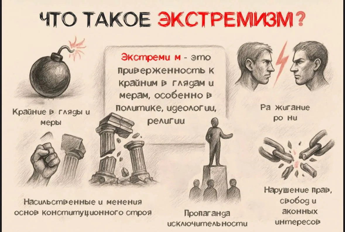 ⚠️ Что такое экстремизм?

Экстремизм — это не только громкие акции, но и призывы к ненависти, превос