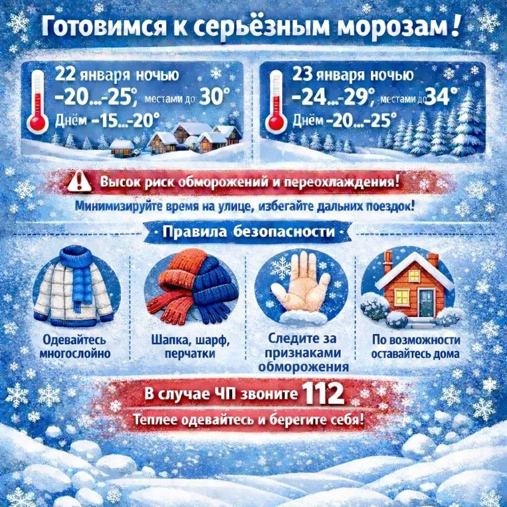 Синоптики предупреждают: в Башкортостане ожидается похолодание.

22 января ночью -20,-25°, при прояс