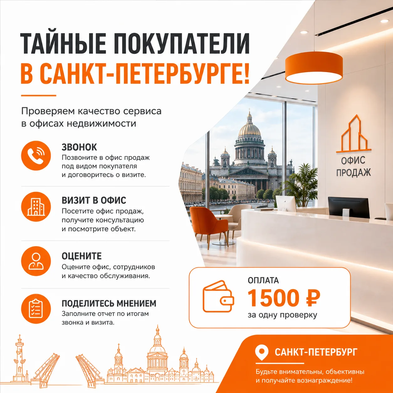 Ищем тайных покупателей в Санкт-Петербурге для оценки качества сервиса в офисах продаж недвижимости

