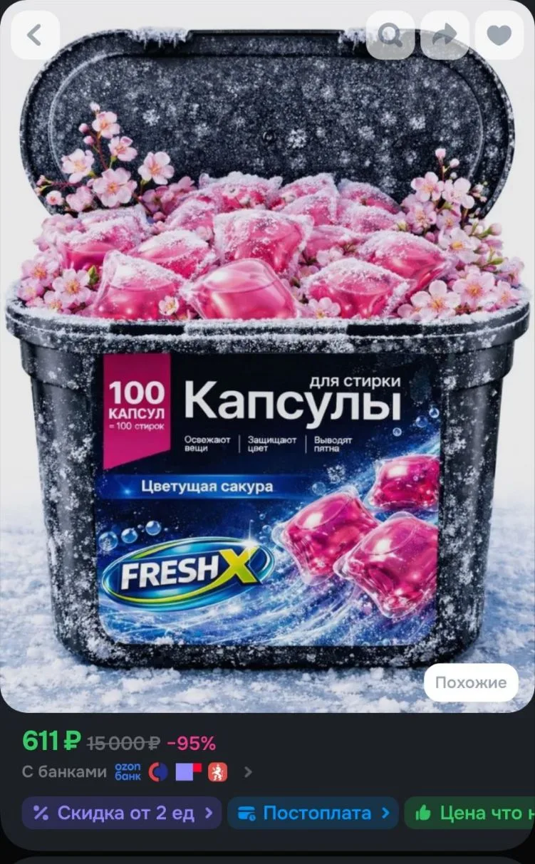 Целых 100 шт капсул для стирки FRESH X, Цветущая Сакура всего за 611 рублей 🔥 
https://ozon.ru/t/d7