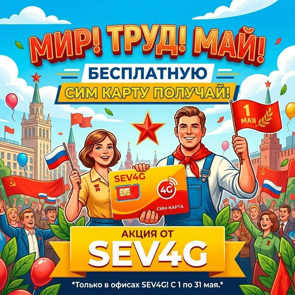 На связи SEV4G 👋

С праздником, друзья 🎉

🥳 Запускаем акцию
Мир! Труд! Май! Бесплатную сим карту 