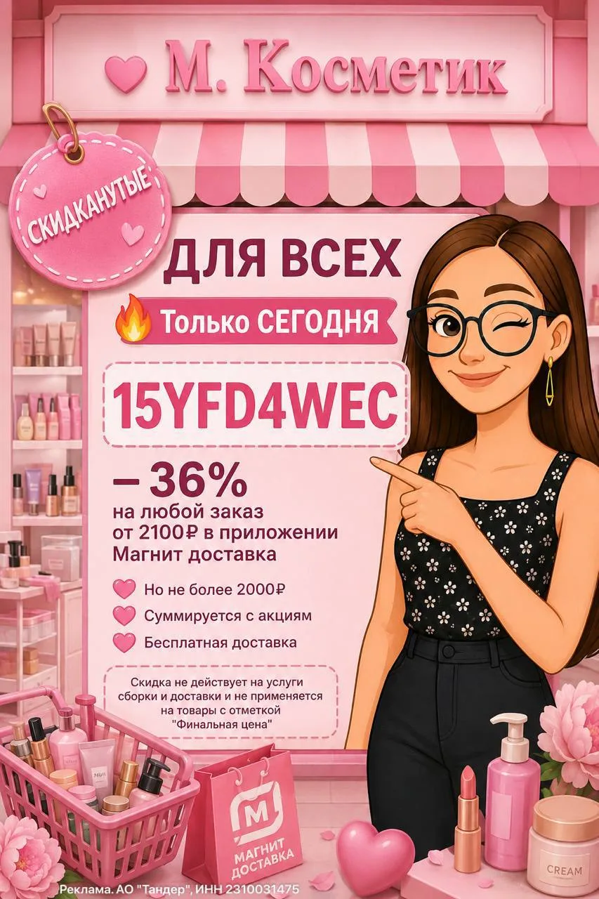 🩷 М. Косметик
 
🩷ДЛЯ ВСЕХ
🔥Только СЕГОДНЯ 
🙂 15YFD4WEC — 36% на любой заказ от 2100₽ в приложени