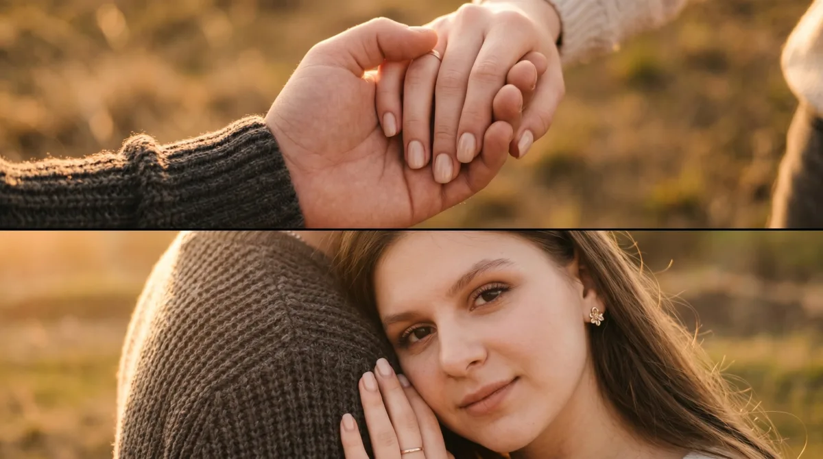 A vertical diptych of two horizontal panels. The image depicts a couple—a man and a woman—in a sprin
