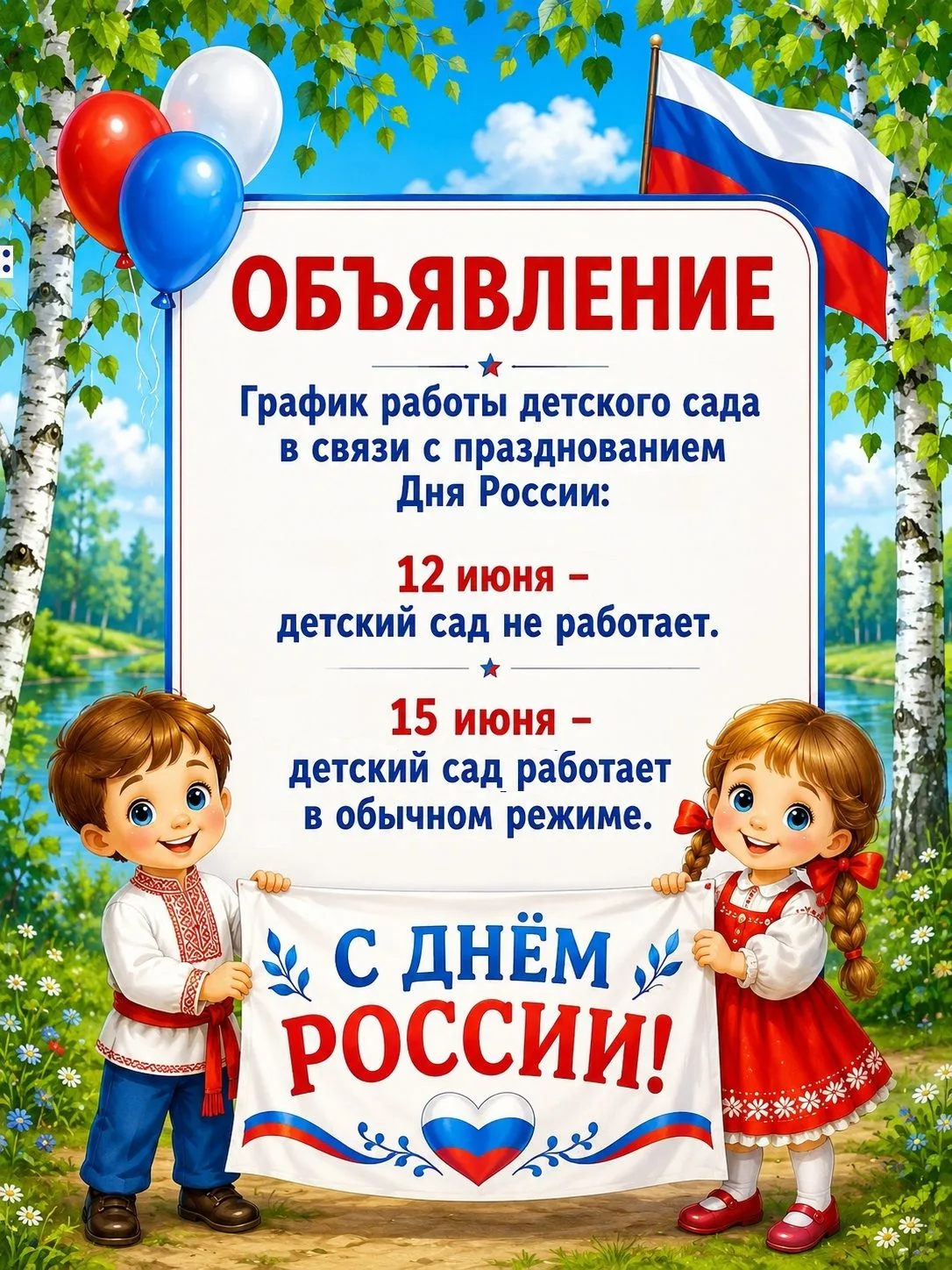 🇷🇺С наступающим Днем России!
Уважаемые родители!
Обращаем Ваше внимание на график работы детского 