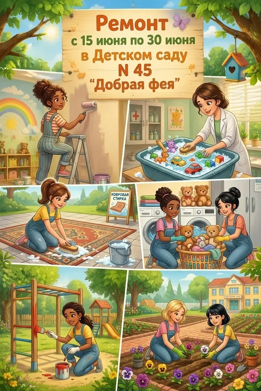 🤝Уважаемые родители! 
Наш детский сад закрывается на плановый ремонт с 15 по 30 июня. 
💥Мы с нетер