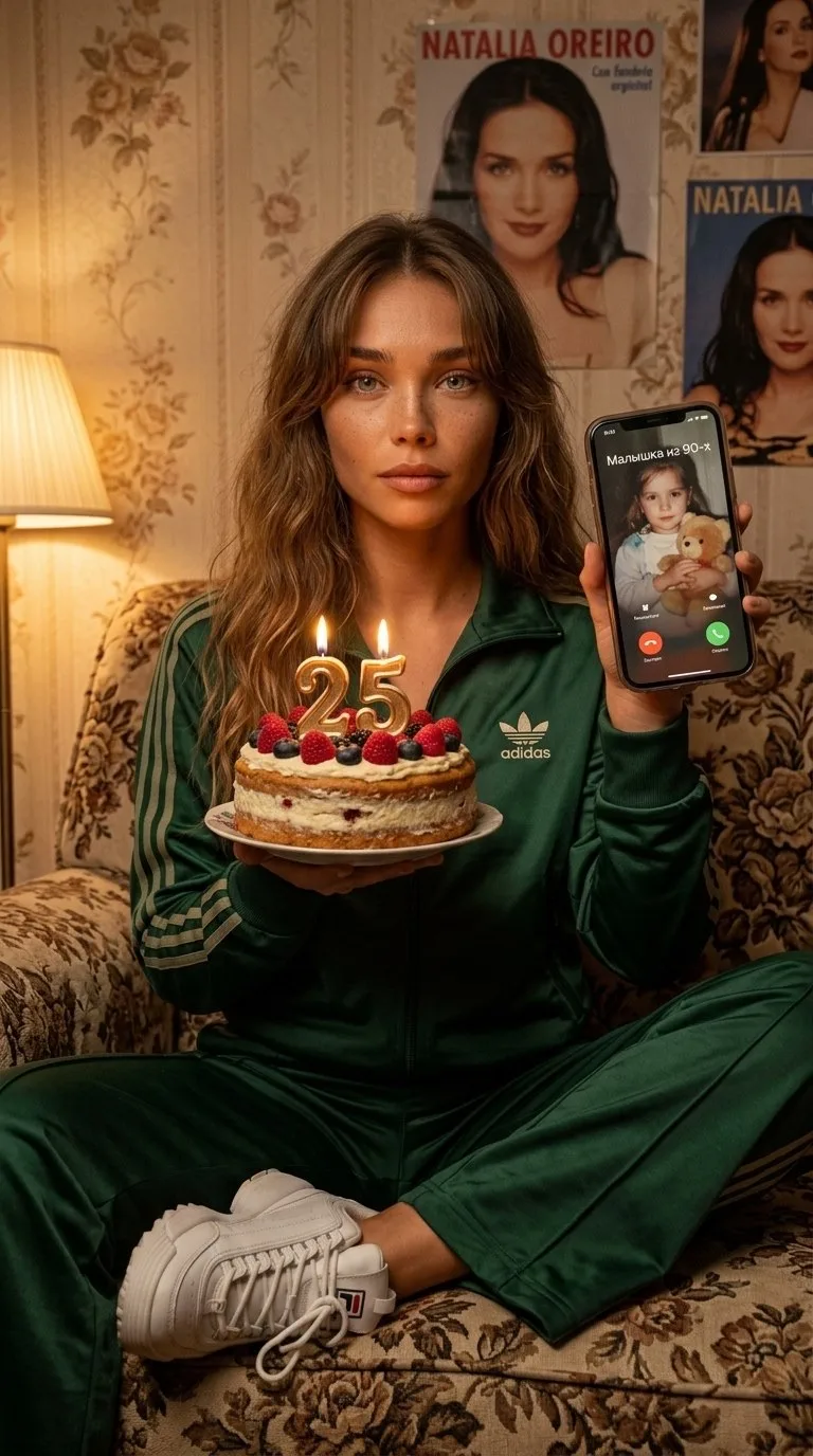 Создай портрет, не меняя черты лица. в кадре запечатлена молодая женщина, сидящая, на уютном диване 