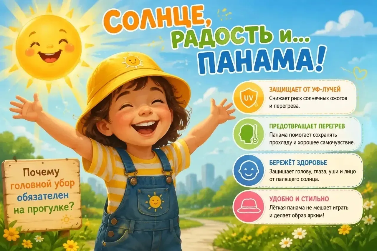 ☀️ Солнце, радость и... панама! Почему головной убор обязателен на прогулке?

Дорогие родители! Лето