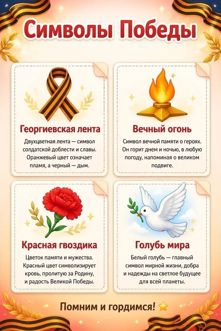 В честь 9 мая мы подготовили яркие плакаты-карточки, чтобы напомнить о подвигах наших героев. 

Пуст