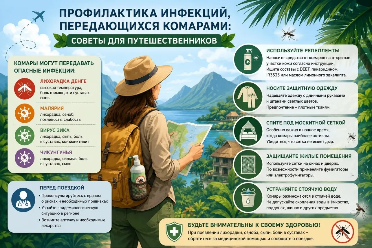 Профилактика инфекций, передающихся комарами: советы для путешественников.                          