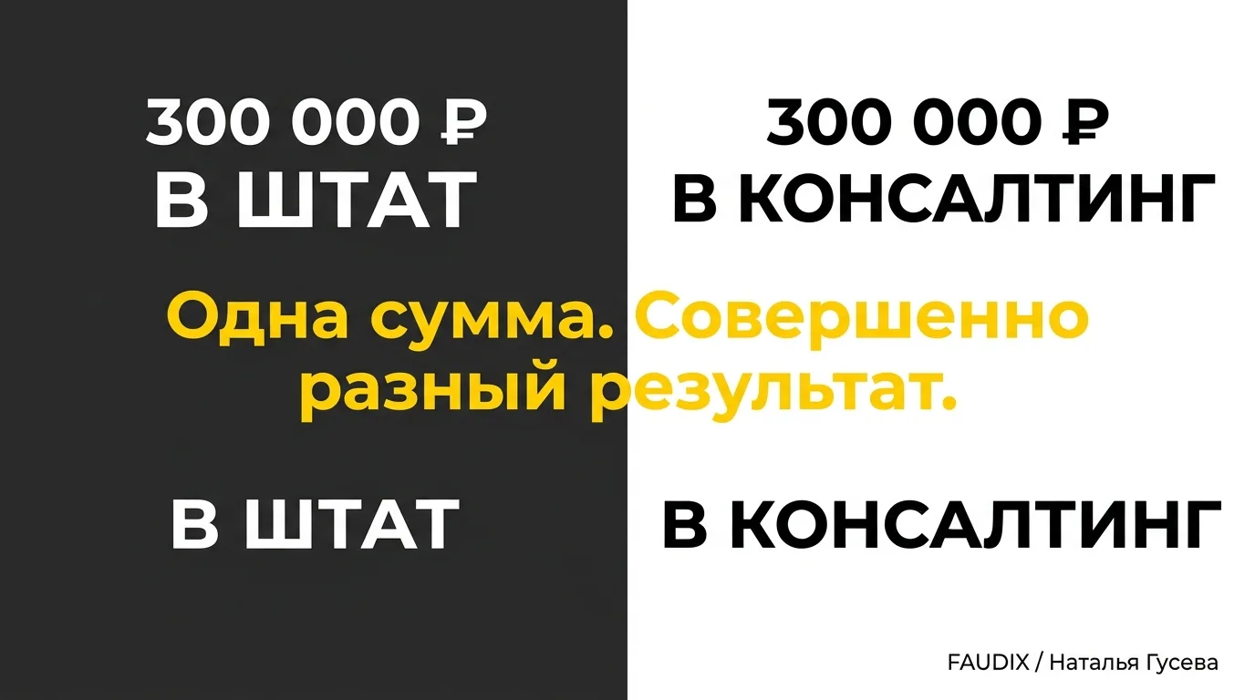 300 000 ₽ в штат или 300 000 ₽ консалтинговой компании — это одна и та же сумма. Но совершенно разны