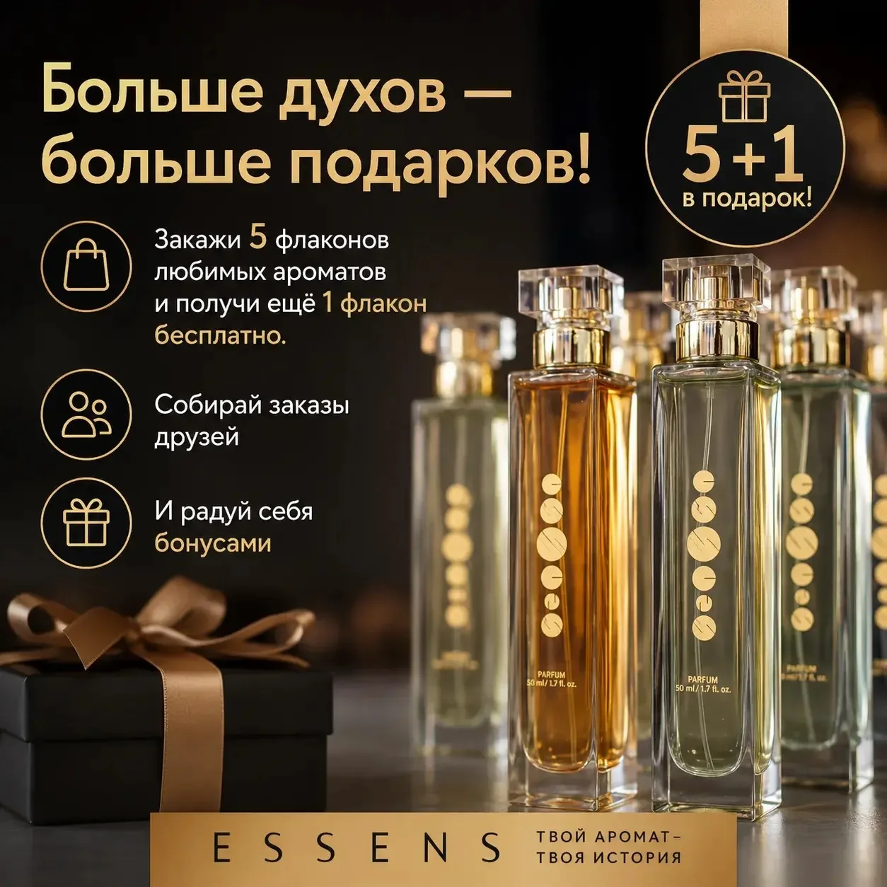 Выгодная акция от меня для тех, кто любит духи Essens !♥️ 
🎁 При покупке 5 флаконов духов — 1 флако