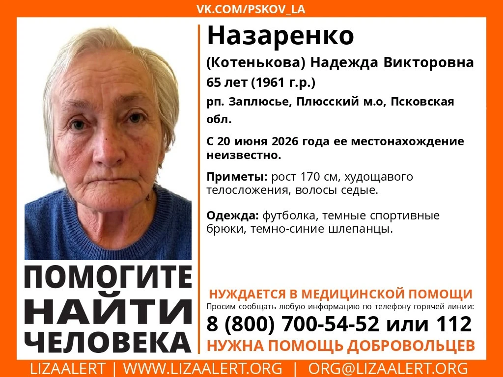 ВНИМАНИЕ! ПОМОГИТЕ НАЙТИ ЧЕЛОВЕКА! 

Пропала Назаренко (Котенькова) Надежда Викторовна, 65 лет, рп. 