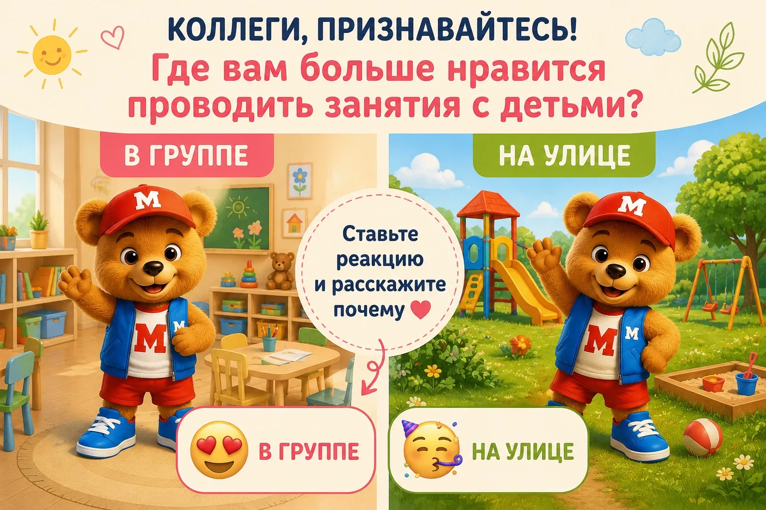🌳 Или 🏠?

Где вам больше нравится проводить занятия?

🌳 На улице
или
🏠 В группе (музыкальном зал