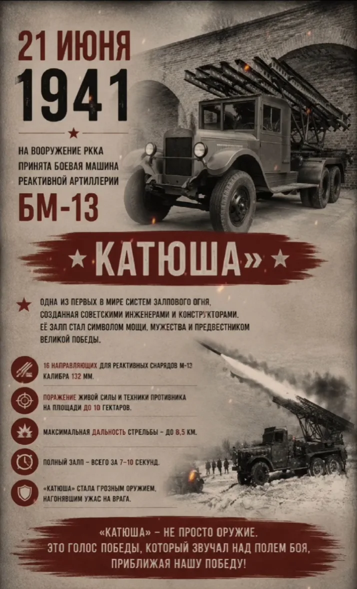 21 июня 1941 года на вооружение Красной Армии была принята БМ-13 — легендарная «Катюша».

Всего за о