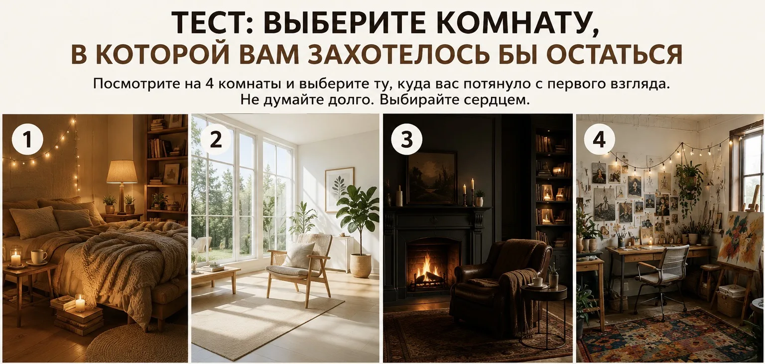 Расшифровка теста: что выбранная комната говорит о Вас❓

Вспомните, какой вариант Вы выбрали: 1, 2, 