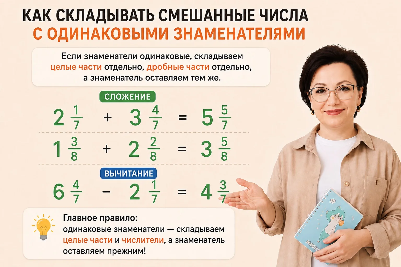 Смешанные числа с одинаковыми знаменателями складывать и вычитать проще, чем кажется 😊

Главное пра
