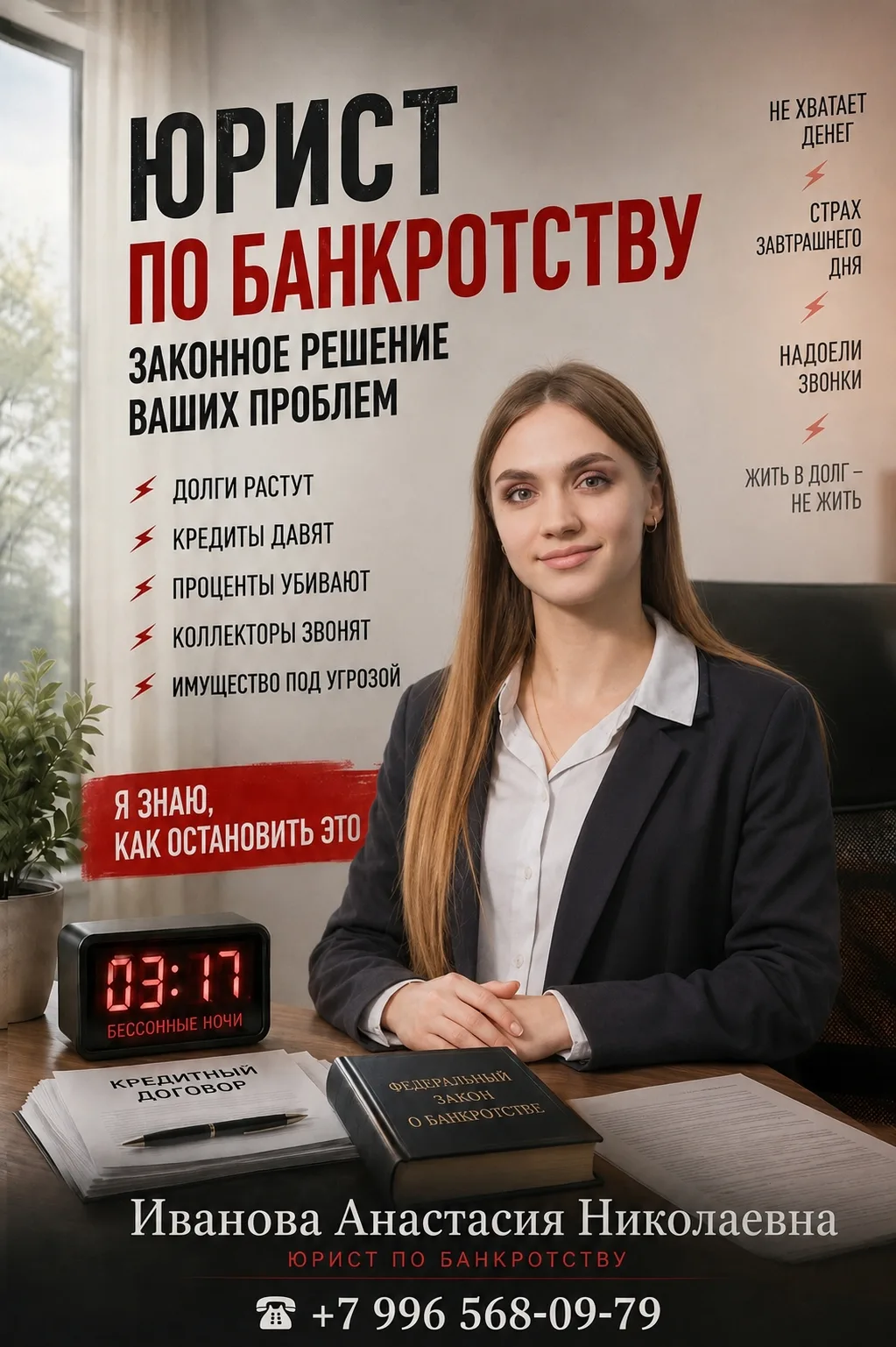 Я - ИВАНОВА АНАСТАСИЯ НИКОЛАЕВНА, СПЕЦИАЛИСТ ПО БАНКРОТСТВУ.
Думаете, долги нельзя даже попробовать 